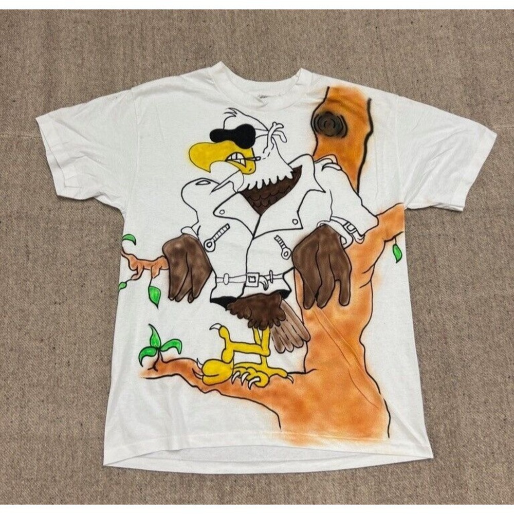 Vintage Eagle Airbrush Shirt Mens Large White 1990s Art Paint Homemade